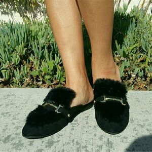 Black Fuzzy Top Slip-On Loafers